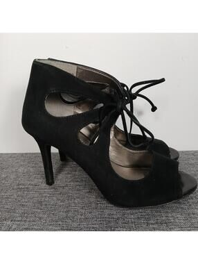 Black Leather Lace Up Heels Peep Toe Stiletto Womens Size 6 Cut Out Pumps